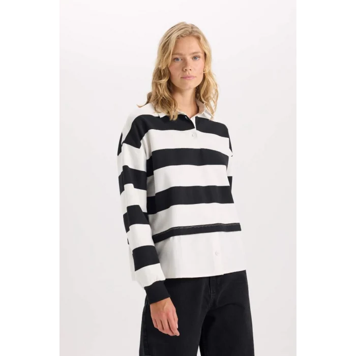 D5944 Çizgili Etek Ucu Kumaş Detaylı Sweatshirt