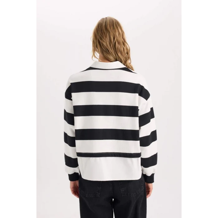 D5944 Çizgili Etek Ucu Kumaş Detaylı Sweatshirt