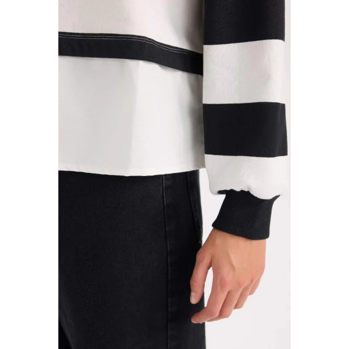 D5944 Çizgili Etek Ucu Kumaş Detaylı Sweatshirt