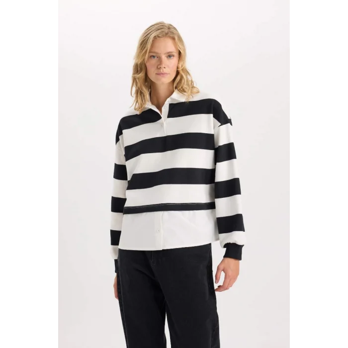 D5944 Çizgili Etek Ucu Kumaş Detaylı Sweatshirt