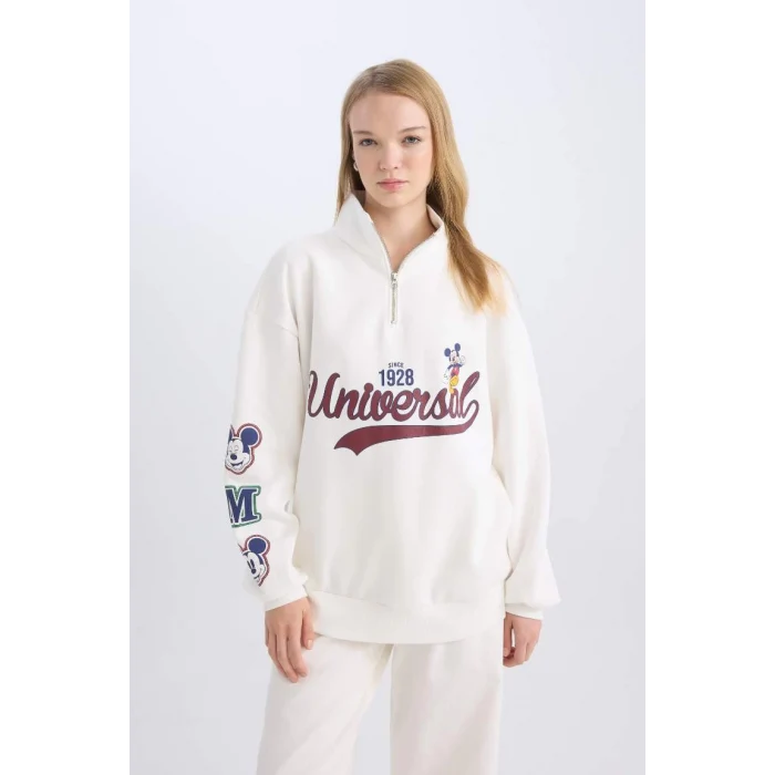 D5958 Coool Disney Mickey & Minnie Oversize Geniş Kalıp Fermuarlı Dik Yaka Baskılı Kalın Beyaz Sweatshirt