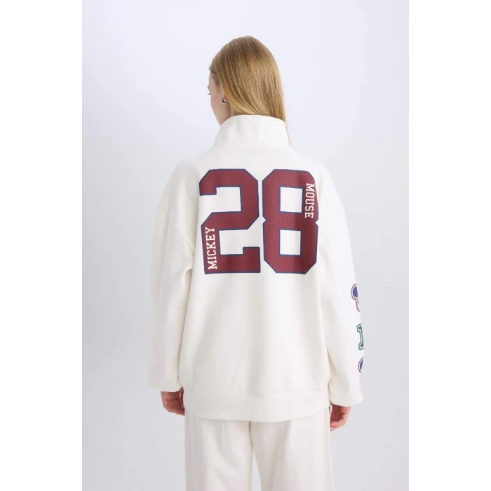 D5958 Coool Disney Mickey & Minnie Oversize Geniş Kalıp Fermuarlı Dik Yaka Baskılı Kalın Beyaz Sweatshirt
