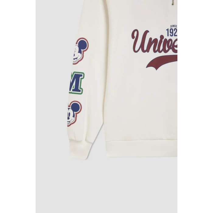 D5958 Coool Disney Mickey & Minnie Oversize Geniş Kalıp Fermuarlı Dik Yaka Baskılı Kalın Beyaz Sweatshirt