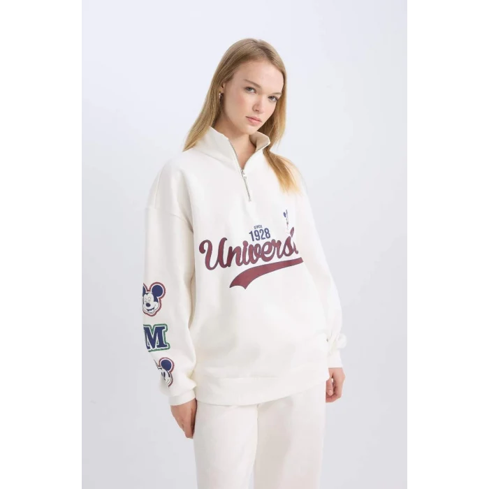 D5958 Coool Disney Mickey & Minnie Oversize Geniş Kalıp Fermuarlı Dik Yaka Baskılı Kalın Beyaz Sweatshirt