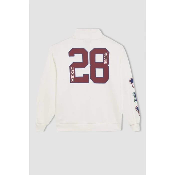 D5958 Coool Disney Mickey & Minnie Oversize Geniş Kalıp Fermuarlı Dik Yaka Baskılı Kalın Beyaz Sweatshirt