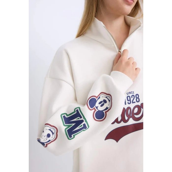 D5958 Coool Disney Mickey & Minnie Oversize Geniş Kalıp Fermuarlı Dik Yaka Baskılı Kalın Beyaz Sweatshirt