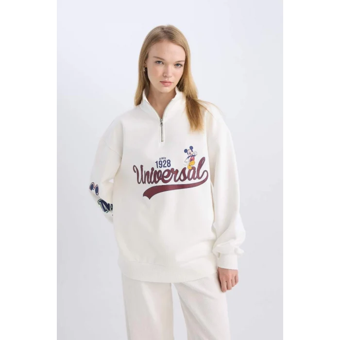 D5958 Coool Disney Mickey & Minnie Oversize Geniş Kalıp Fermuarlı Dik Yaka Baskılı Kalın Beyaz Sweatshirt