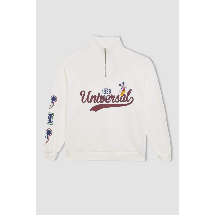 D5958 Coool Disney Mickey & Minnie Oversize Geniş Kalıp Fermuarlı Dik Yaka Baskılı Kalın Beyaz Sweatshirt
