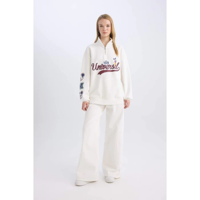 D5958 Coool Disney Mickey & Minnie Oversize Geniş Kalıp Fermuarlı Dik Yaka Baskılı Kalın Beyaz Sweatshirt