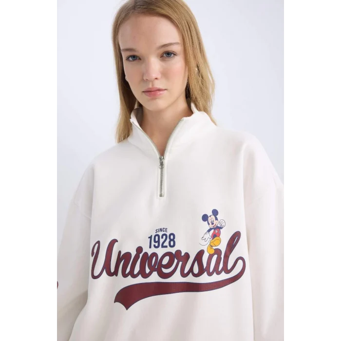 D5958 Coool Disney Mickey & Minnie Oversize Geniş Kalıp Fermuarlı Dik Yaka Baskılı Kalın Beyaz Sweatshirt
