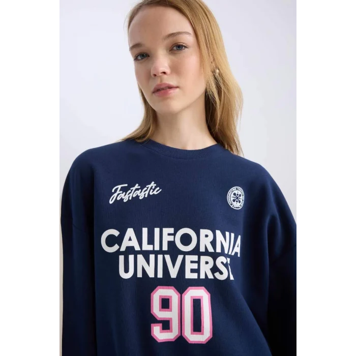 D5961 Coool Oversize Geniş Kalıp Bisiklet Yaka Sırt Baskılı Kalın Sweatshirt