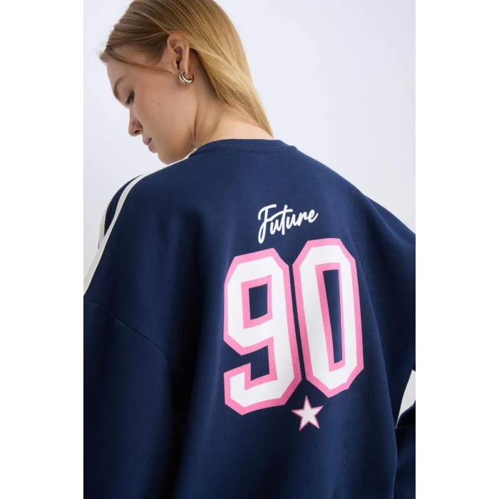 D5961 Coool Oversize Geniş Kalıp Bisiklet Yaka Sırt Baskılı Kalın Sweatshirt