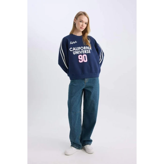 D5961 Coool Oversize Geniş Kalıp Bisiklet Yaka Sırt Baskılı Kalın Sweatshirt