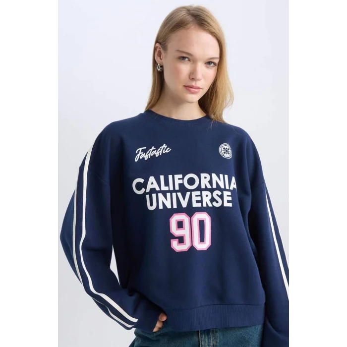 D5961 Coool Oversize Geniş Kalıp Bisiklet Yaka Sırt Baskılı Kalın Sweatshirt