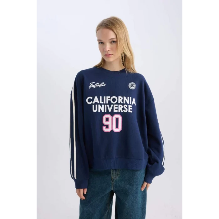 D5961 Coool Oversize Geniş Kalıp Bisiklet Yaka Sırt Baskılı Kalın Sweatshirt
