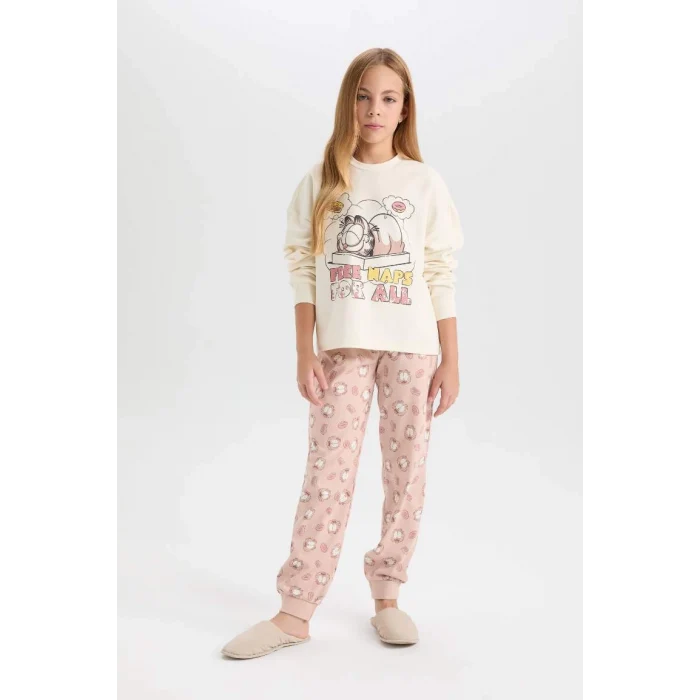 D6061 Kız Çocuk Garfield Sweatshirt Üst Desenli Beli Lastikli Uzun Alt Pijama Takım