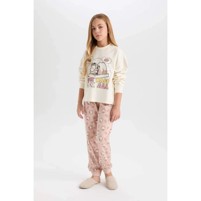 D6061 Kız Çocuk Garfield Sweatshirt Üst Desenli Beli Lastikli Uzun Alt Pijama Takım