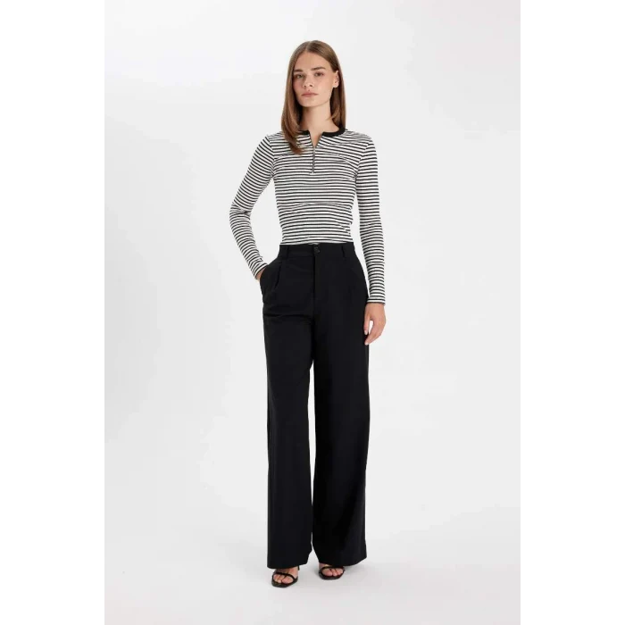 D6104 Slim Fit Dar Kesim Bisiklet Yaka Yarım Fermuarlı Çizgili Fitilli Kaşkorse Uzun Kollu Tişört