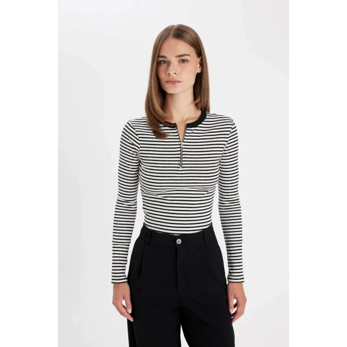 D6104 Slim Fit Dar Kesim Bisiklet Yaka Yarım Fermuarlı Çizgili Fitilli Kaşkorse Uzun Kollu Tişört