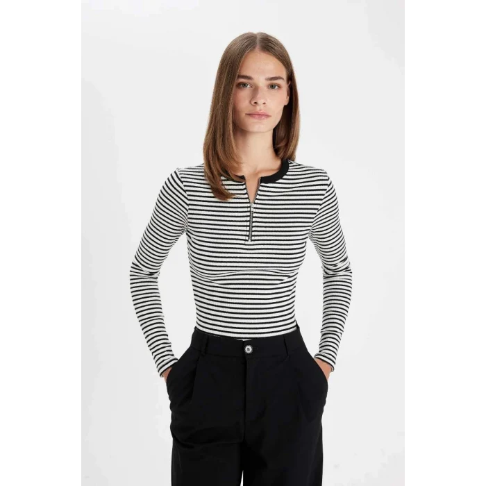 D6104 Slim Fit Dar Kesim Bisiklet Yaka Yarım Fermuarlı Çizgili Fitilli Kaşkorse Uzun Kollu Tişört