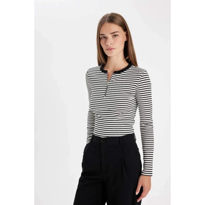 D6104 Slim Fit Dar Kesim Bisiklet Yaka Yarım Fermuarlı Çizgili Fitilli Kaşkorse Uzun Kollu Tişört