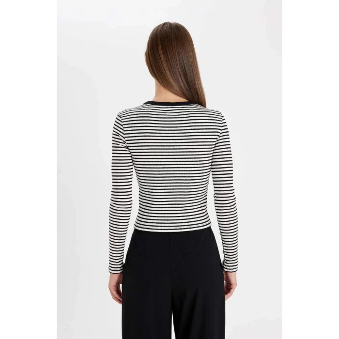 D6104 Slim Fit Dar Kesim Bisiklet Yaka Yarım Fermuarlı Çizgili Fitilli Kaşkorse Uzun Kollu Tişört