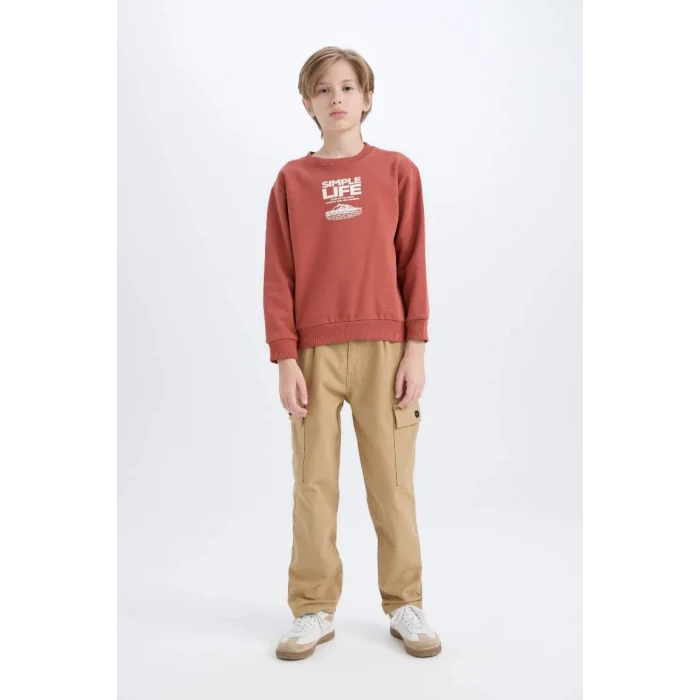 D6209 Regular Fit Bisiklet Yaka Baskılı İçi Yumuşak Tüylü Sweatshirt