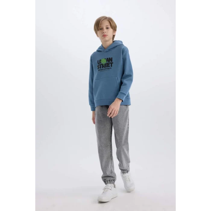 D6211 Kapüşonlu Baskılı Cepli İçi Yumuşak Tüylü Sweatshirt