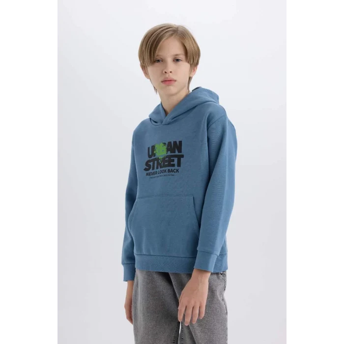 D6211 Kapüşonlu Baskılı Cepli İçi Yumuşak Tüylü Sweatshirt