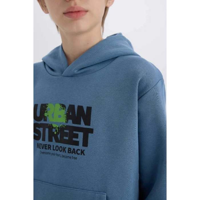 D6211 Kapüşonlu Baskılı Cepli İçi Yumuşak Tüylü Sweatshirt