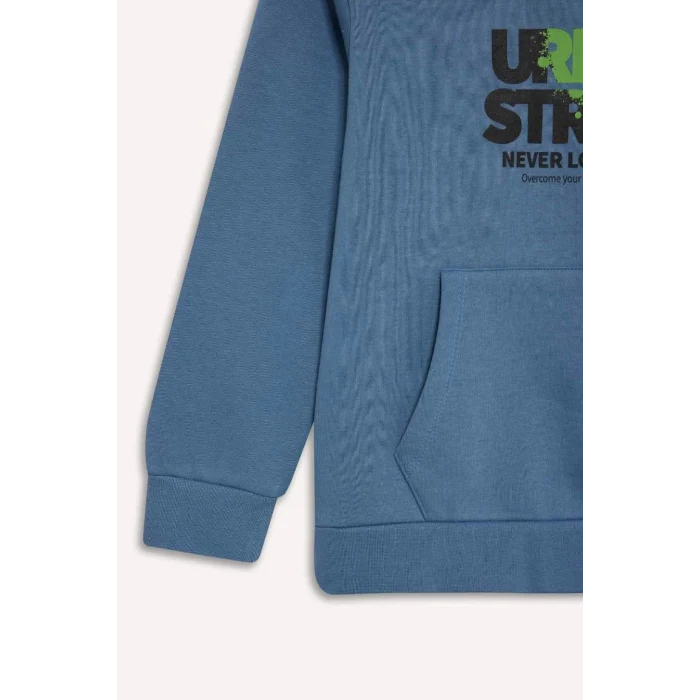 D6211 Kapüşonlu Baskılı Cepli İçi Yumuşak Tüylü Sweatshirt