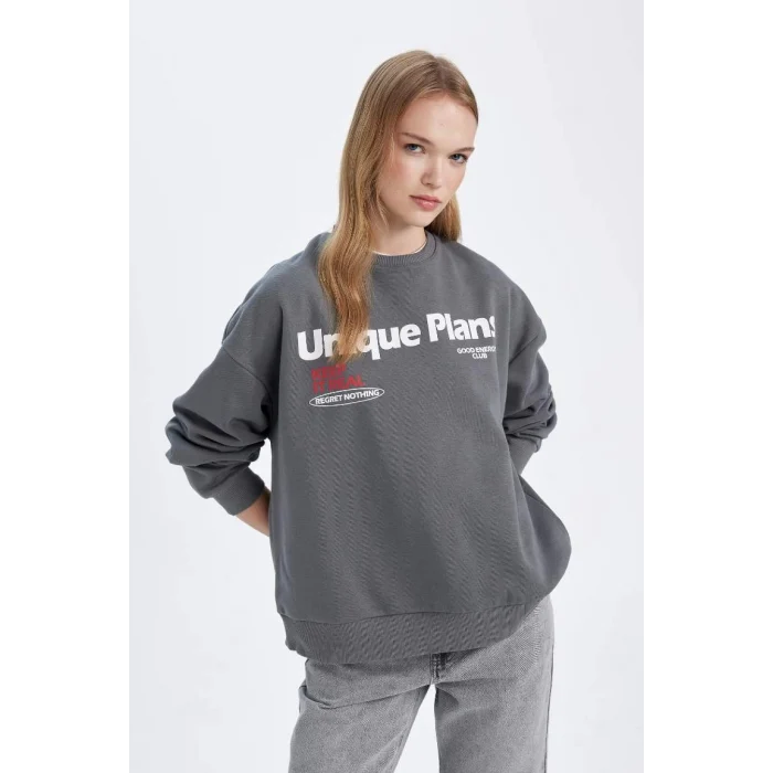 D6565 Loose Fit Sırt Baskılı Kalın Sweatshirt