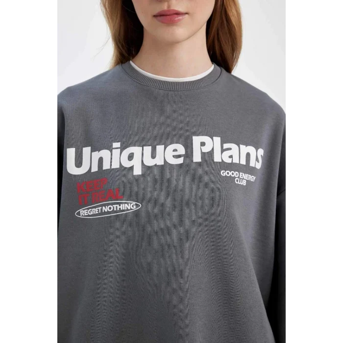D6565 Loose Fit Sırt Baskılı Kalın Sweatshirt