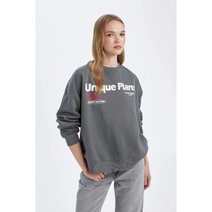 D6565 Loose Fit Sırt Baskılı Kalın Sweatshirt