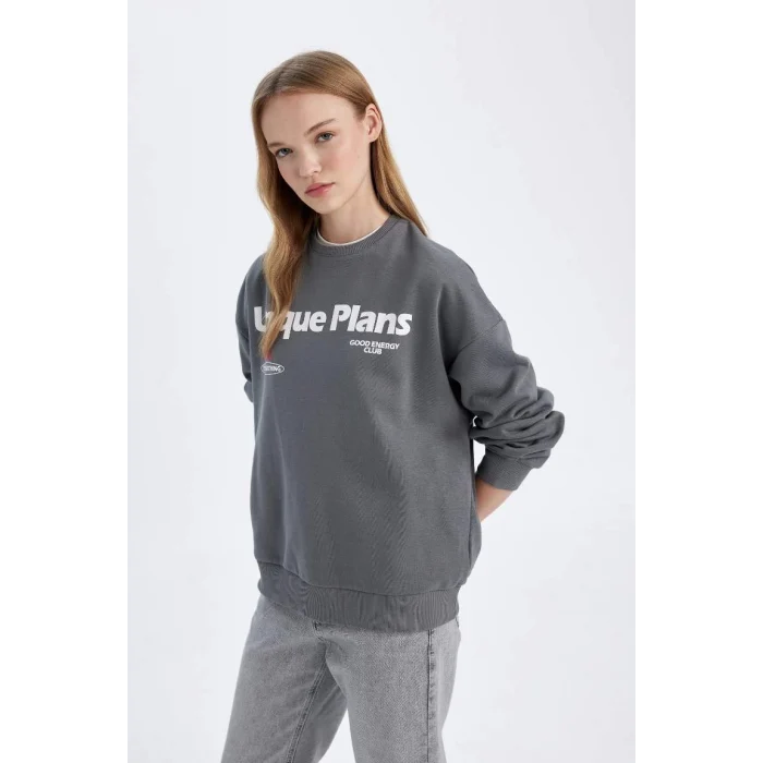 D6565 Loose Fit Sırt Baskılı Kalın Sweatshirt