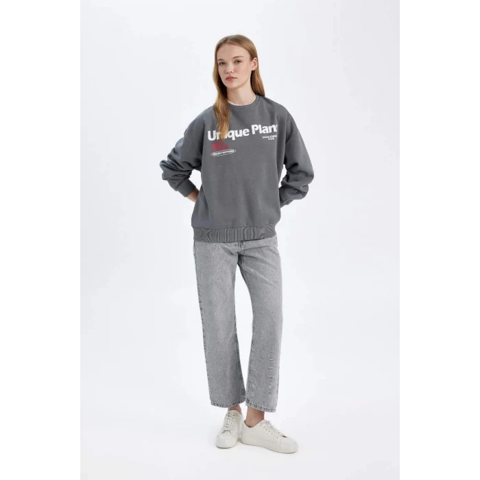 D6565 Loose Fit Sırt Baskılı Kalın Sweatshirt