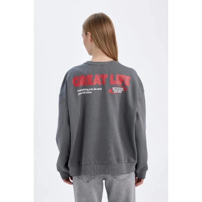 D6565 Loose Fit Sırt Baskılı Kalın Sweatshirt