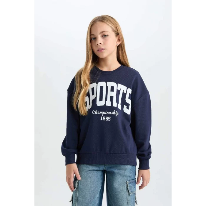 D6626 Relax Fit Bisiklet Yaka Baskılı Sweatshirt