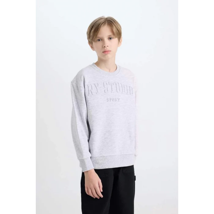 D6628 Gri Bisiklet Yaka Baskılı Sweatshirt