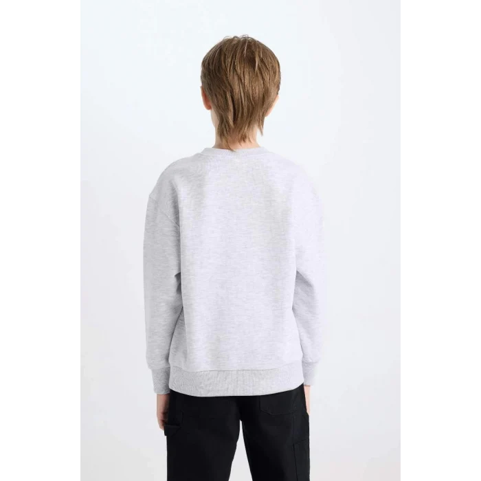 D6628 Gri Bisiklet Yaka Baskılı Sweatshirt