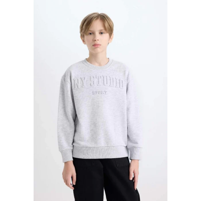 D6628 Gri Bisiklet Yaka Baskılı Sweatshirt