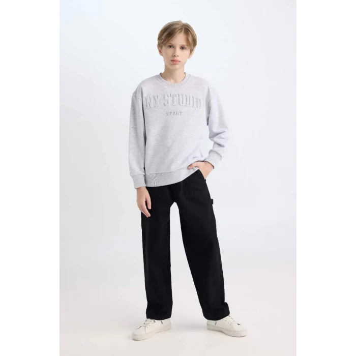 D6628 Gri Bisiklet Yaka Baskılı Sweatshirt