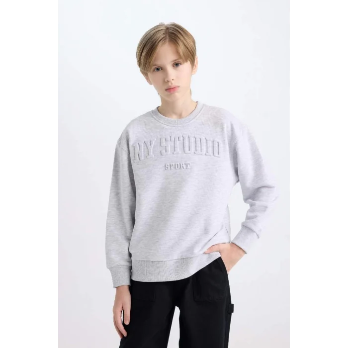 D6628 Gri Bisiklet Yaka Baskılı Sweatshirt