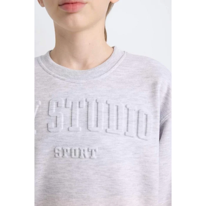 D6628 Gri Bisiklet Yaka Baskılı Sweatshirt