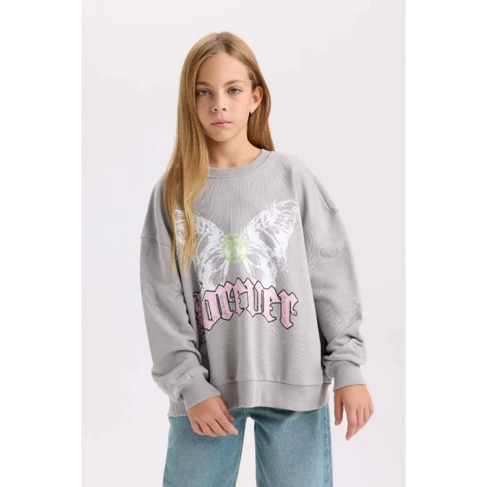 D6630 Gri Oversize Geniş Kalıp Bisiklet Yaka Sırt Baskılı Sweatshirt