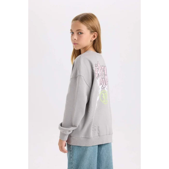 D6630 Gri Oversize Geniş Kalıp Bisiklet Yaka Sırt Baskılı Sweatshirt