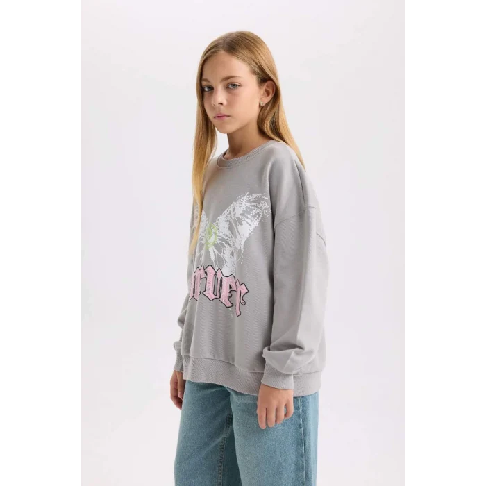 D6630 Gri Oversize Geniş Kalıp Bisiklet Yaka Sırt Baskılı Sweatshirt
