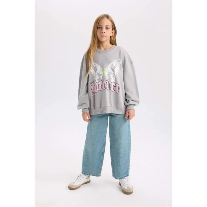 D6630 Gri Oversize Geniş Kalıp Bisiklet Yaka Sırt Baskılı Sweatshirt