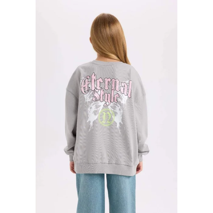 D6630 Gri Oversize Geniş Kalıp Bisiklet Yaka Sırt Baskılı Sweatshirt