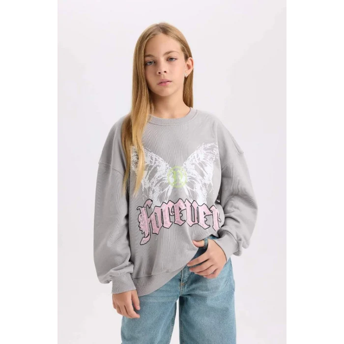 D6630 Gri Oversize Geniş Kalıp Bisiklet Yaka Sırt Baskılı Sweatshirt